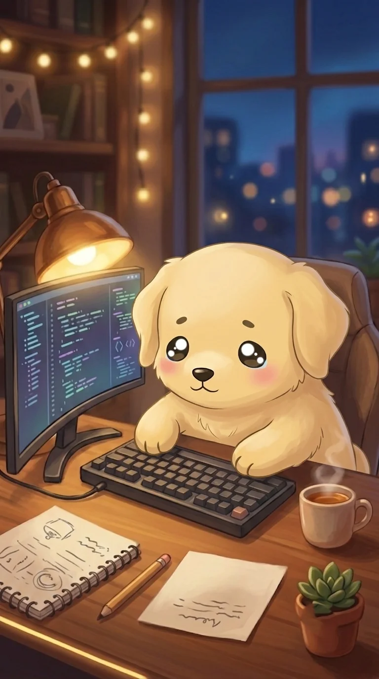 Night Focus — Companion working at desk late at night