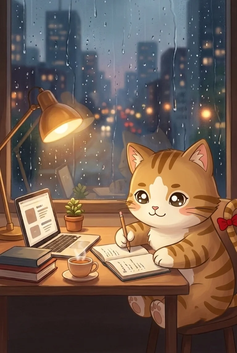 Rainy Window — Companion sitting by window on a rainy day